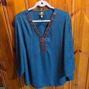 JM Collection Teal Top With Sequin Trim V Neck